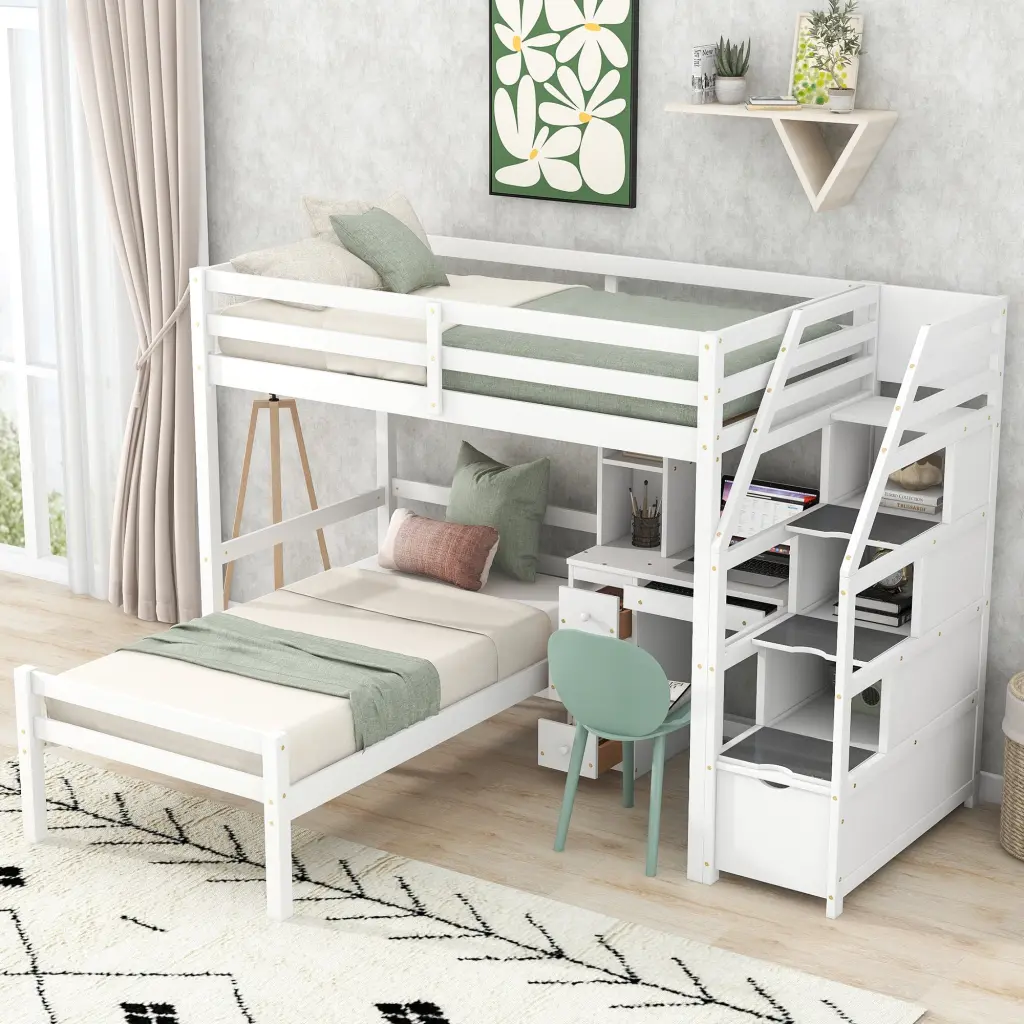 Twin Size Loft Bed Stand Alone Bed Storage Staircase Desk Shelves wm store