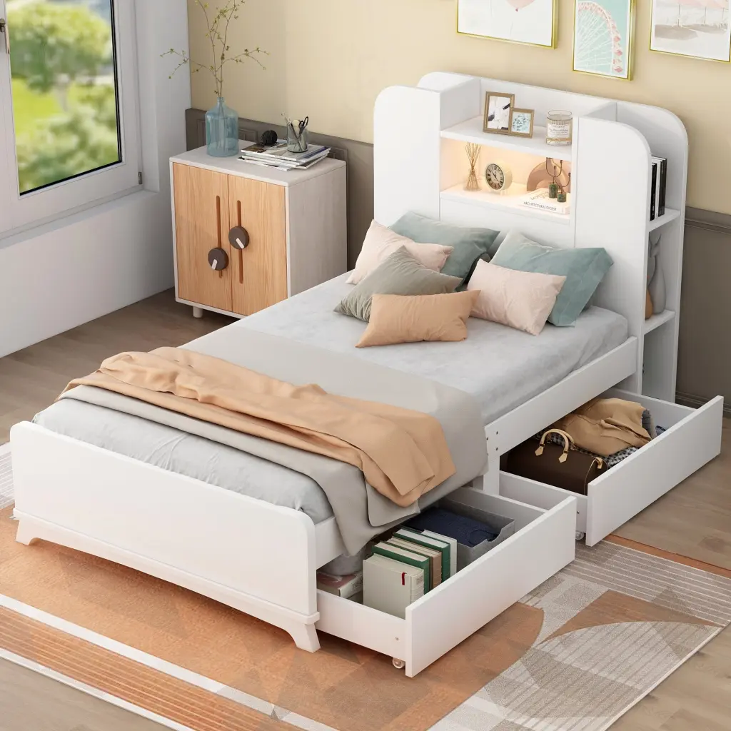 Twin Size Storage Platform Bed Frame Two Drawers and LED Lights wm store
