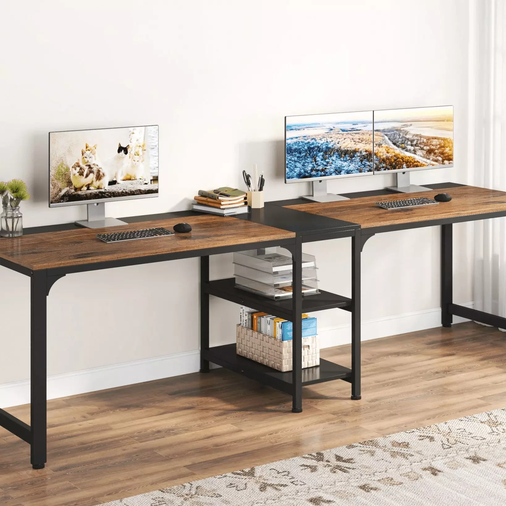 90.55 Inch Two Person Desk Double Computer Desk Storage Shelves Office Workstation Sanshome