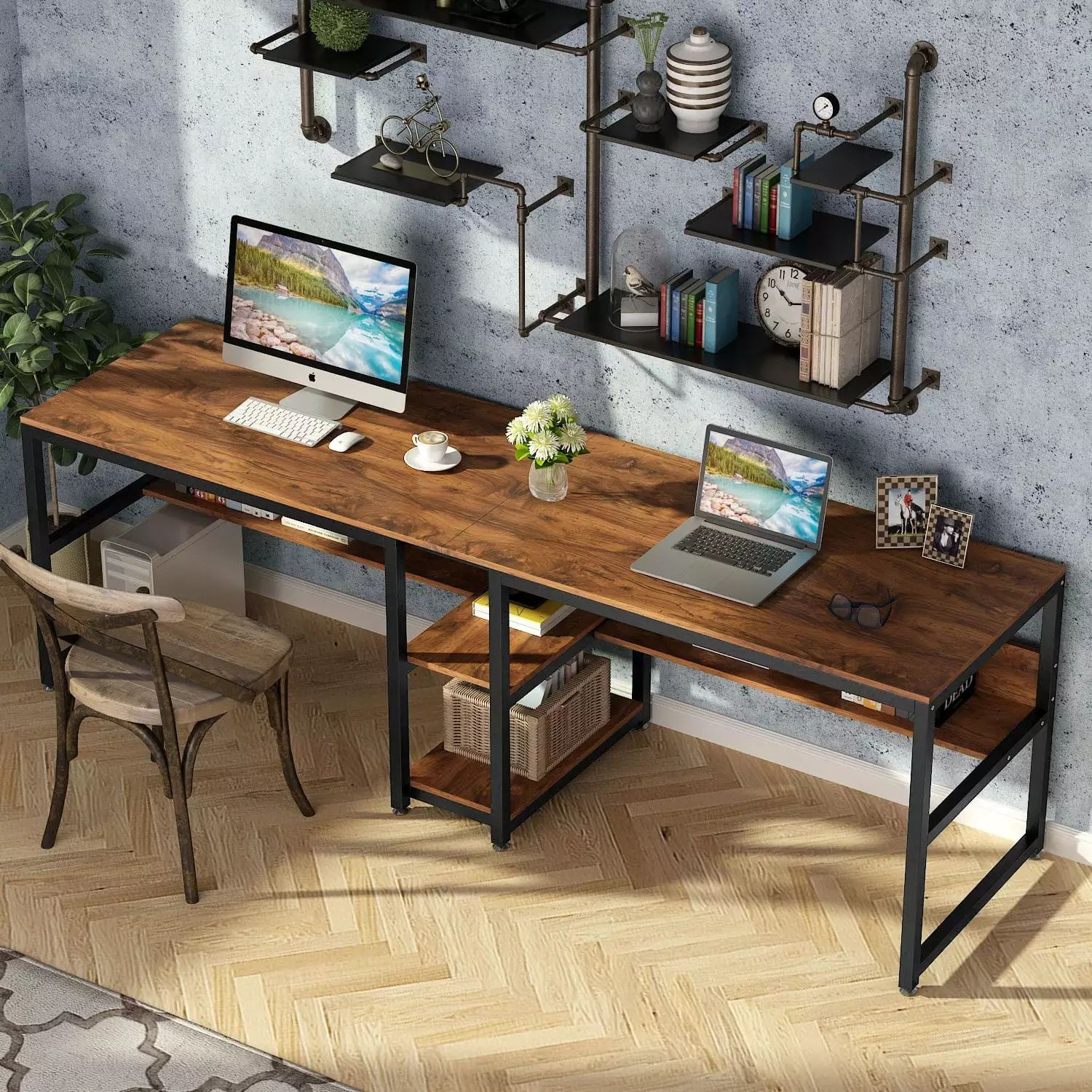 Tribesigns Two Person Desk Bookshelf 78.7 Inch Rustic Office Double Desk Home Office