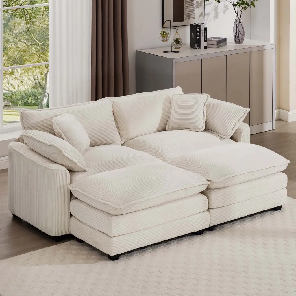 Corduroy Two Seater Sofa 2 Footrests Ottoman Tufted Living Room Couch ui furniture
