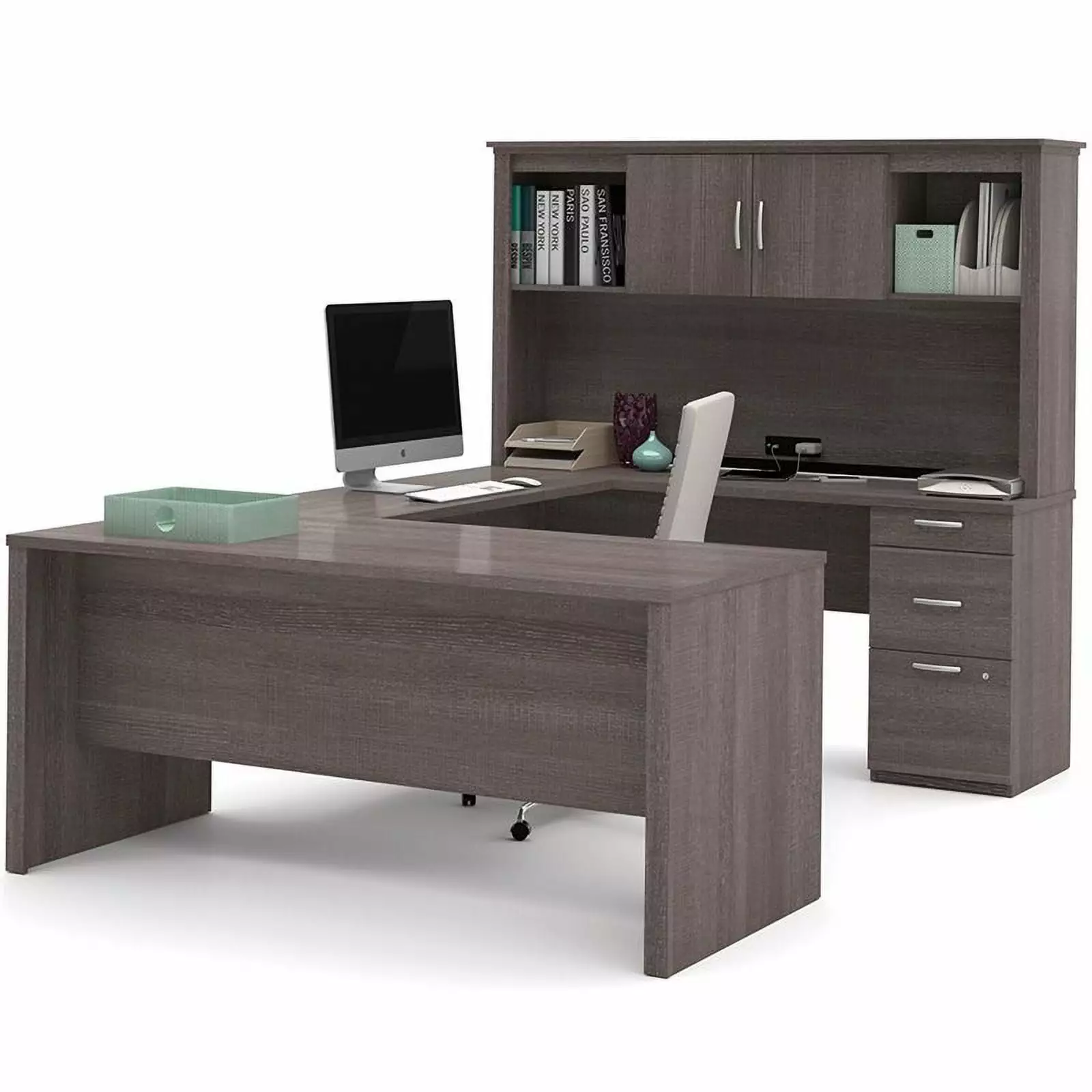 Atlin Designs Modern Wood U Shape Computer Desk Hutch Bark Gray - Large Workstation