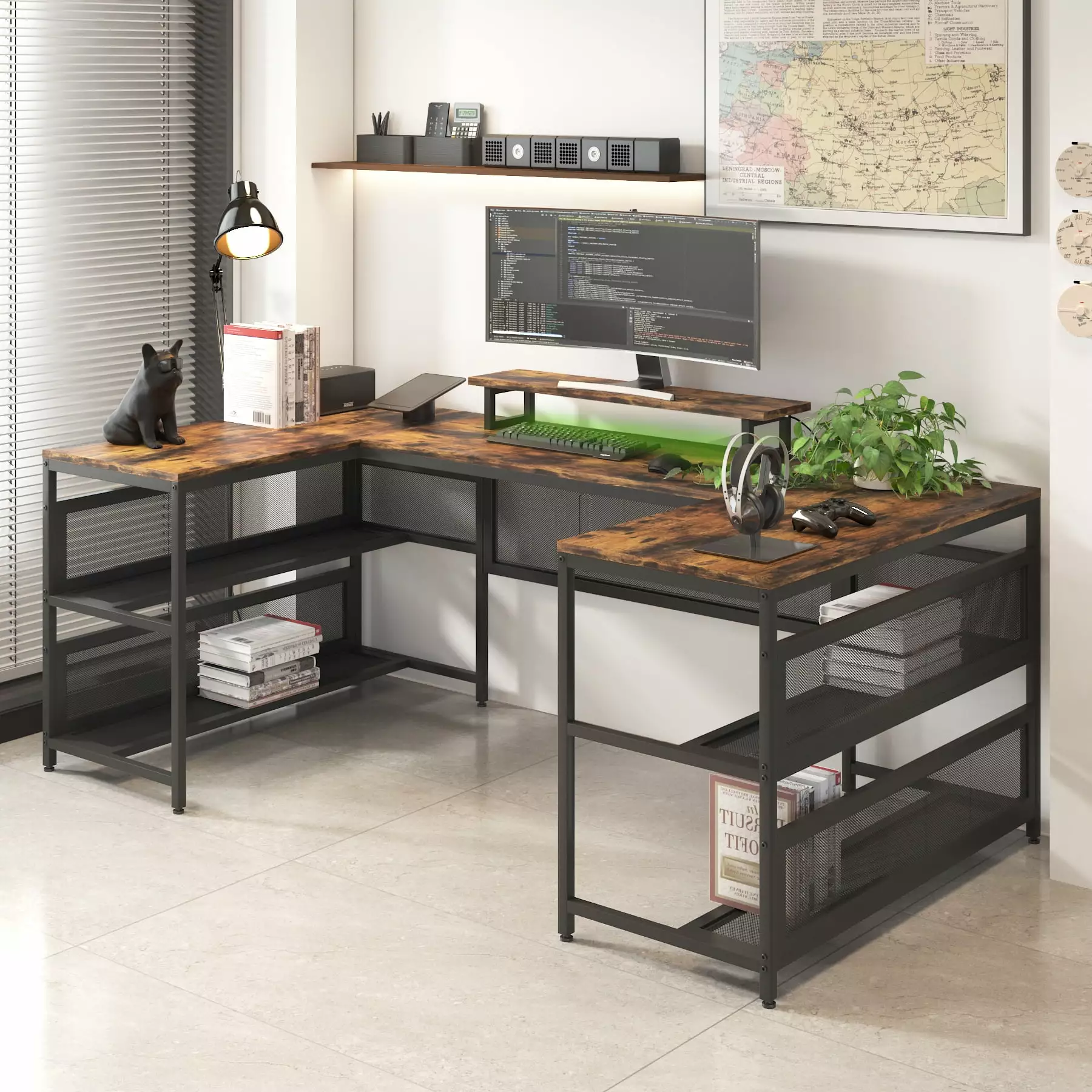 U Shaped Desk Shelve & LED Lights 82 Reversible L Shaped Desk Monitor Stand & Storage Shelves 3 Person Corner Computer Des...