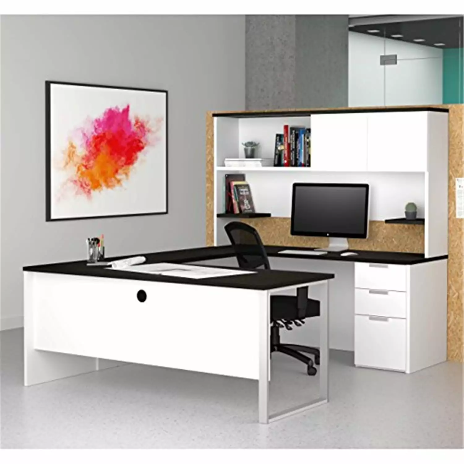 HomeStock Island Oasis U-Desk Hutch Deep Grey & Black - Home Office Desk Storage