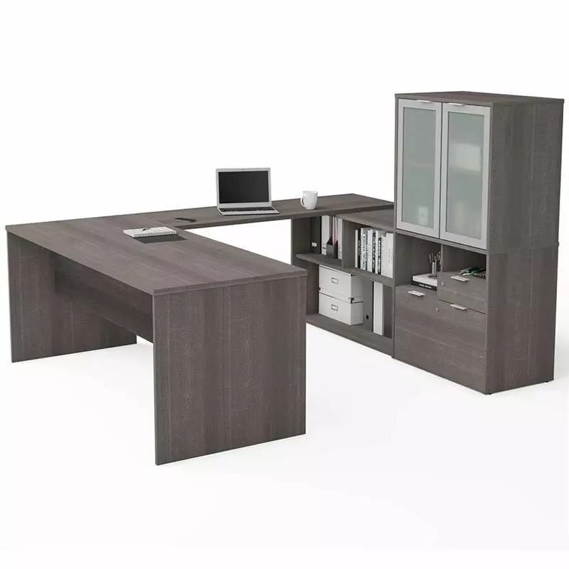 Kingfisher Lane U Shape Computer Desk Hutch Bark Gray
