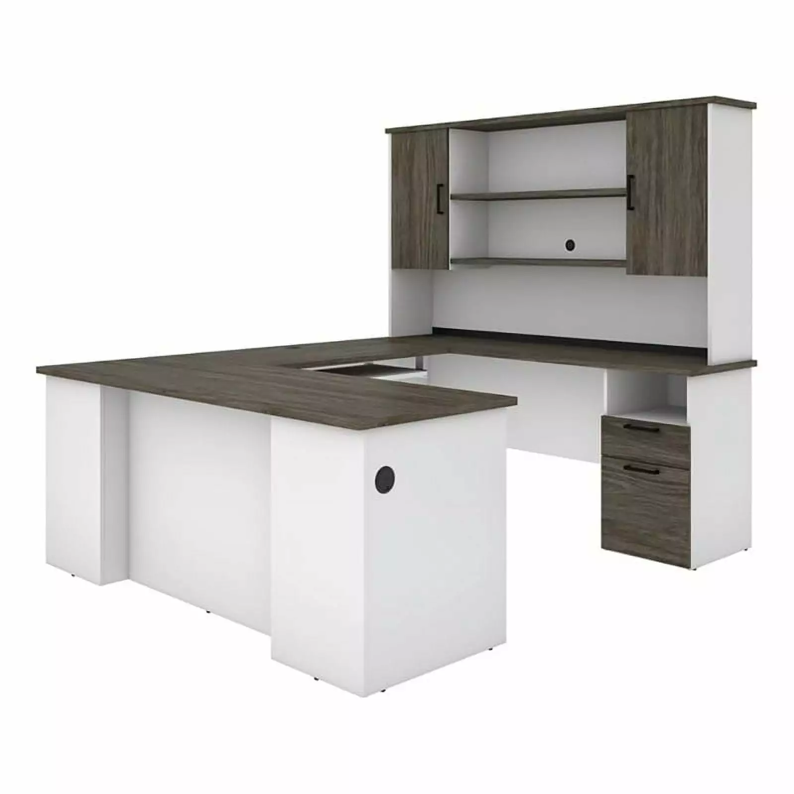 Pemberly Row Transitional Wood U Shaped Computer Desk Hutch Gray White