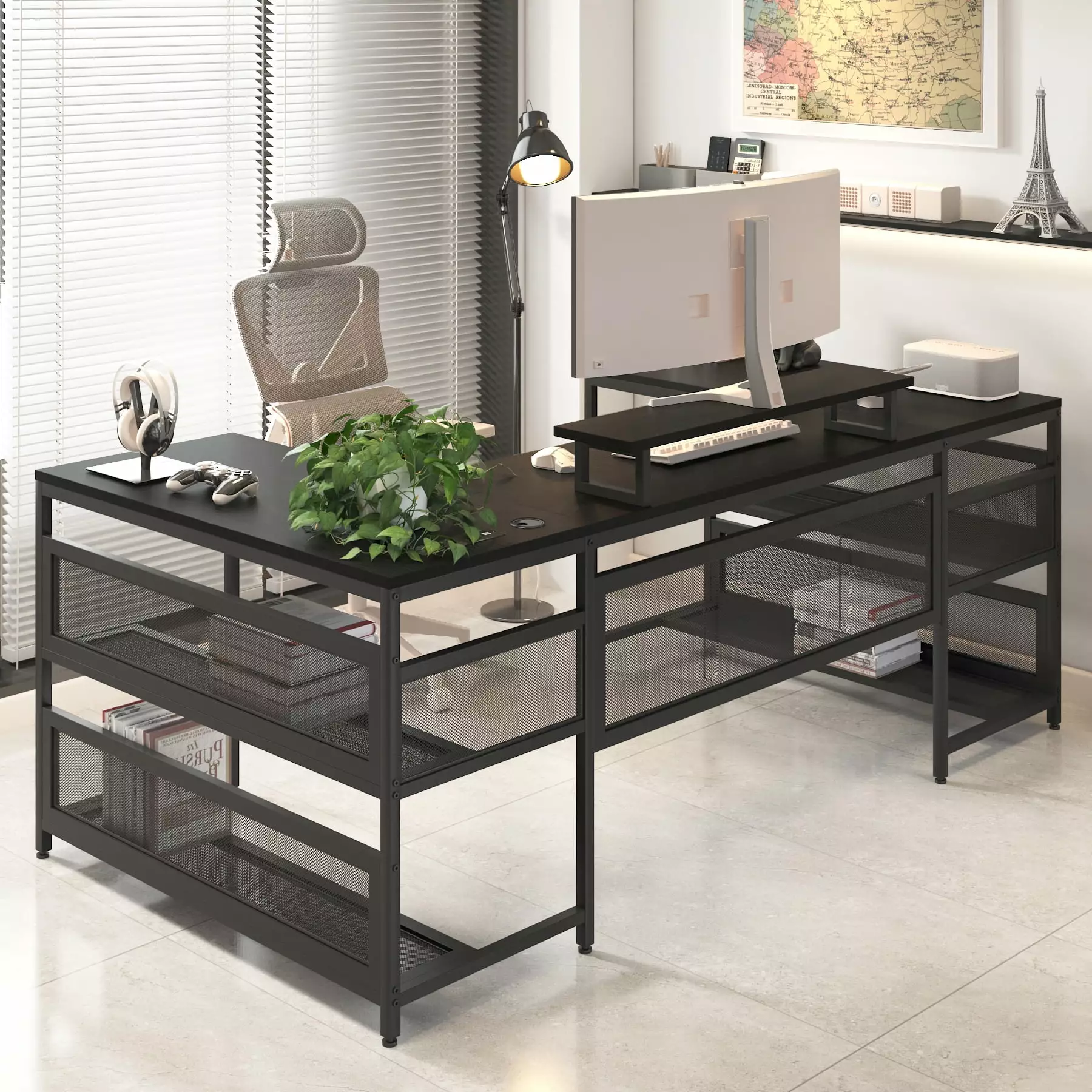 U-shaped Desk Shelves and LED Lights Modern Office Workstation SMHZ