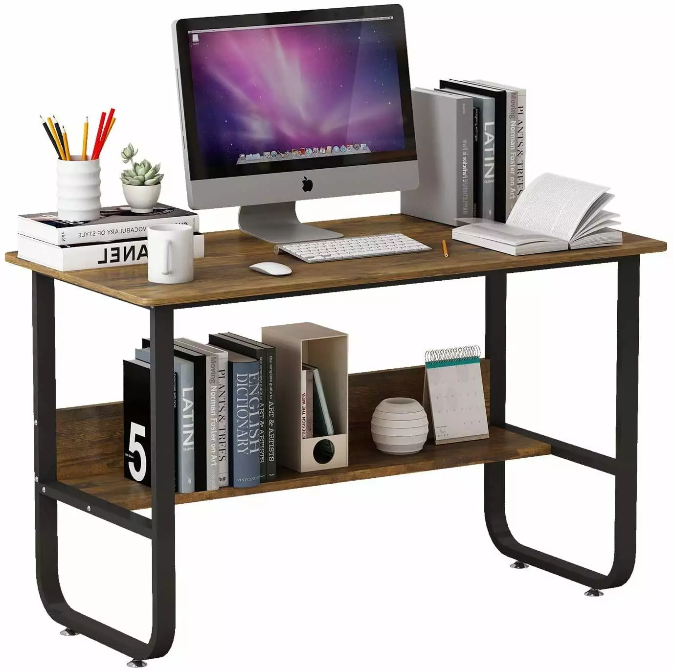 UBesGoo Computer Desk Modern Economic Writing Table U Shape Workstation Antique Walnut