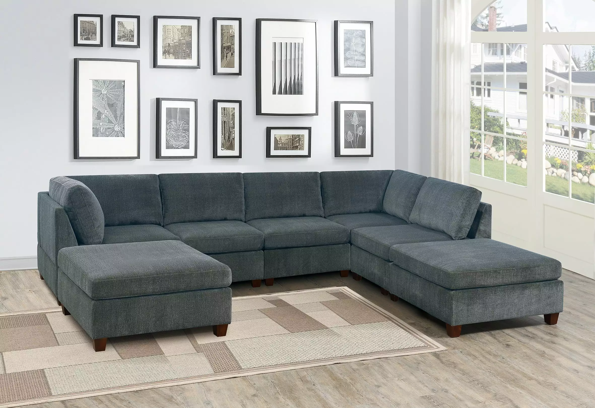 Homiyad Living Room Furniture Gray Chenille Modular Sectional 7pc Set U-Sectional Modern Couch 2X Corner Wedge 3X Armless ...