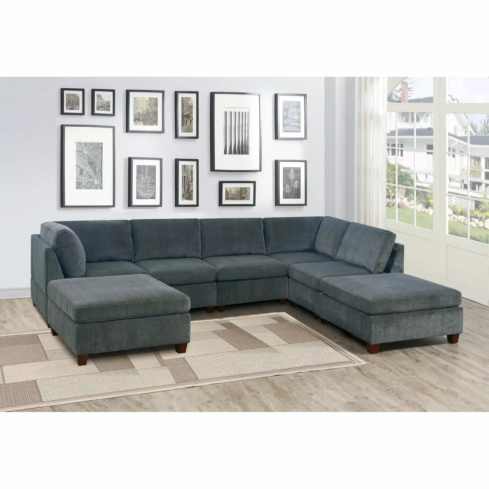 Miekor Furniture Gray Chenille Modular Sectional 7pc Set 2 Corner Wedges 3 Armless Chairs and 2 Ottomans