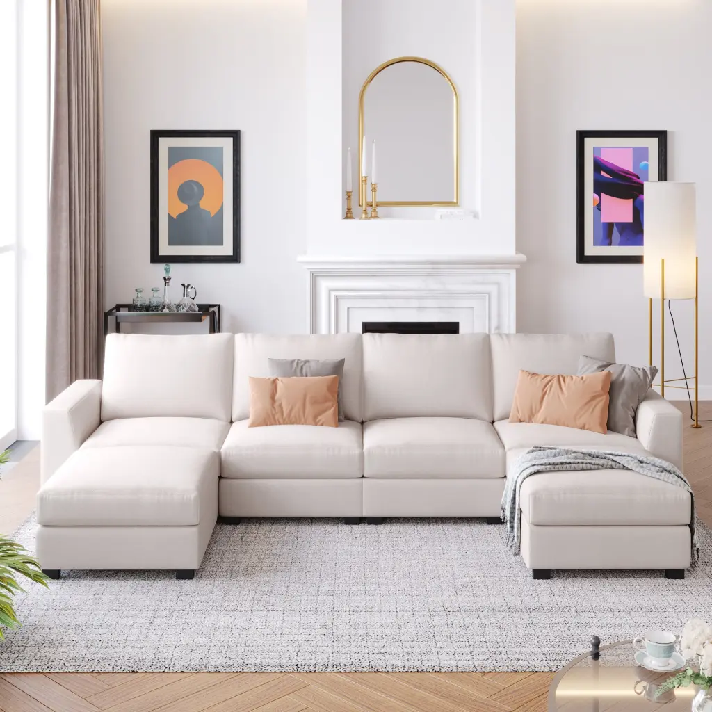 3 Piece U Shaped Sofa Removable Ottomans Beige Polyester Foam Couch u_style