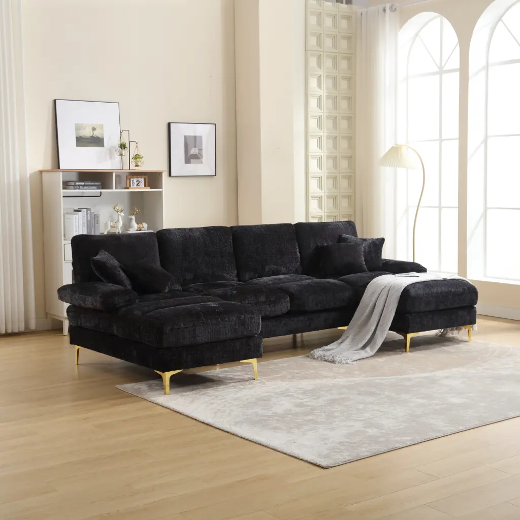 United Modern Large Chenille Fabric U Influence Sectional Sofa Black Comfortable Living Room Furniture w1568 united we win