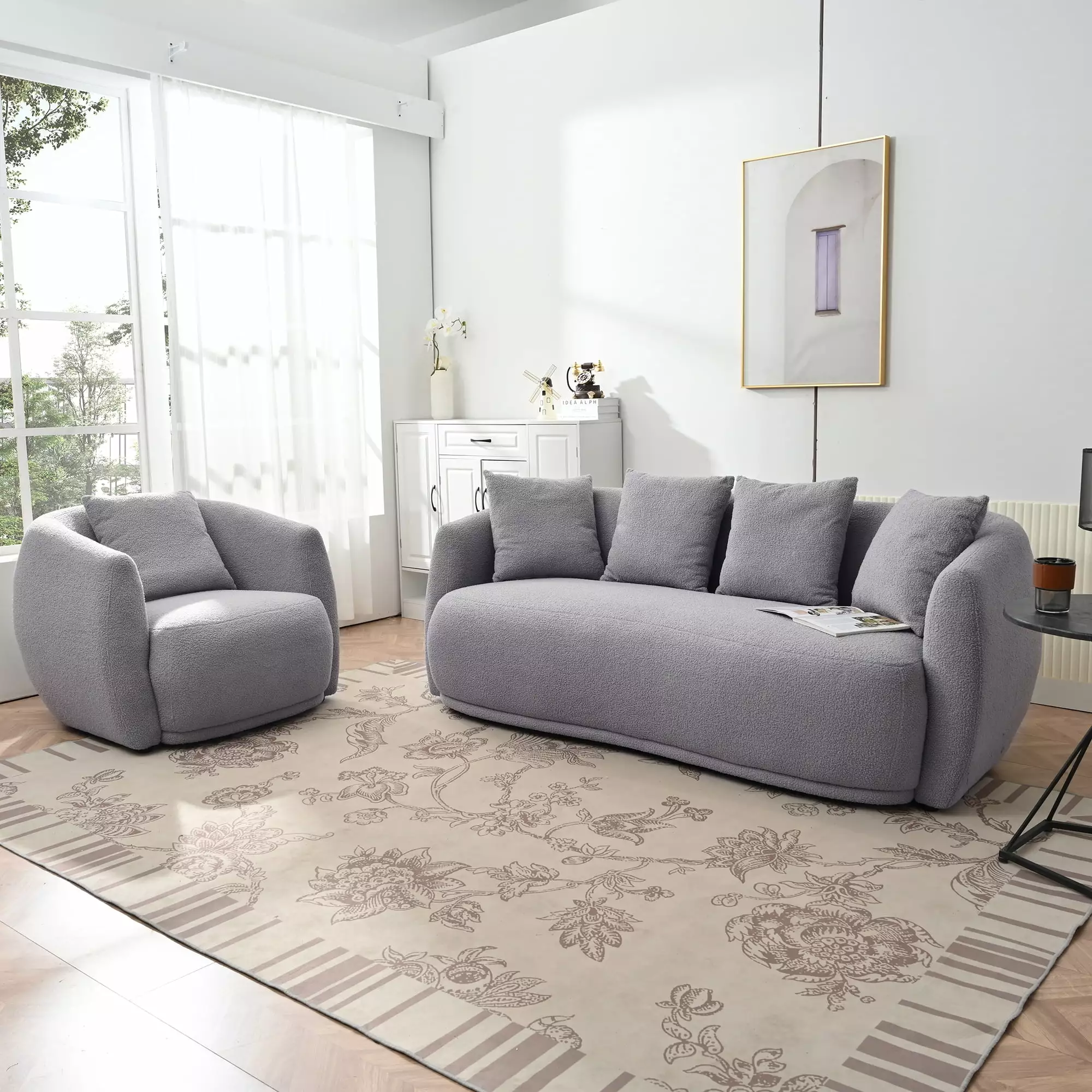 MAICOSY U-Style Upholstered Modern Arm Chair 5 Pillows Cashew Shape Sofa Set Grey