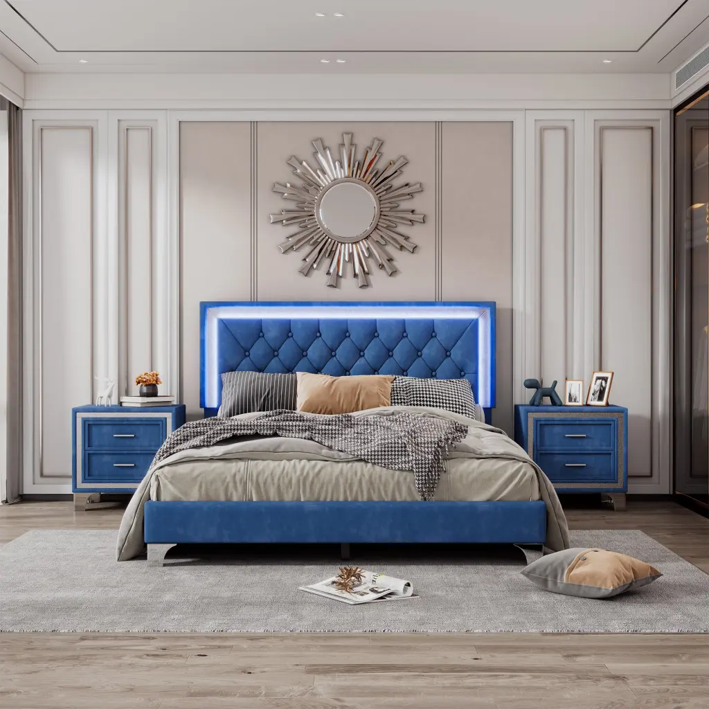 3 Piece Queen Size Upholstered Platform Bedroom Set LED Lights rnb