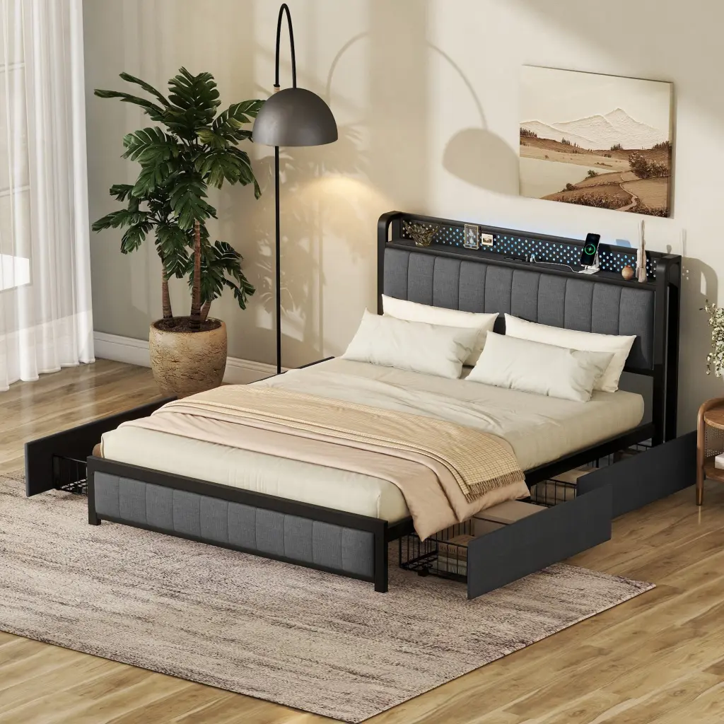 Queen Bed Frame LED Headboard and 4 Storage Drawers bonwell