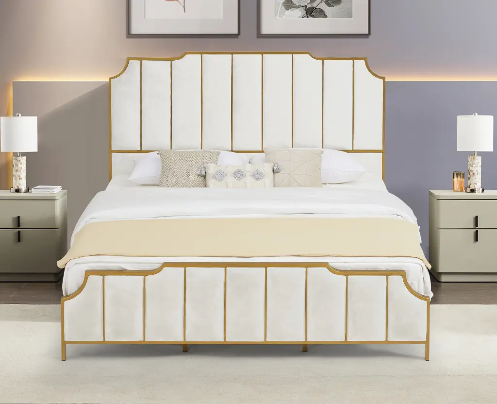 King Size Upholstered Platform Bed Frame High Headboard and Wooden Legs ching hing-furniture