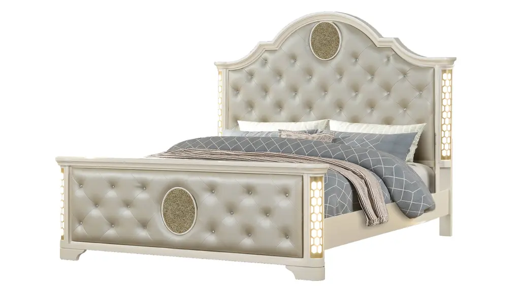 Jasmine Queen Size Tufted Upholstery LED Bed Wooden Frame Beige galaxy home furnishings
