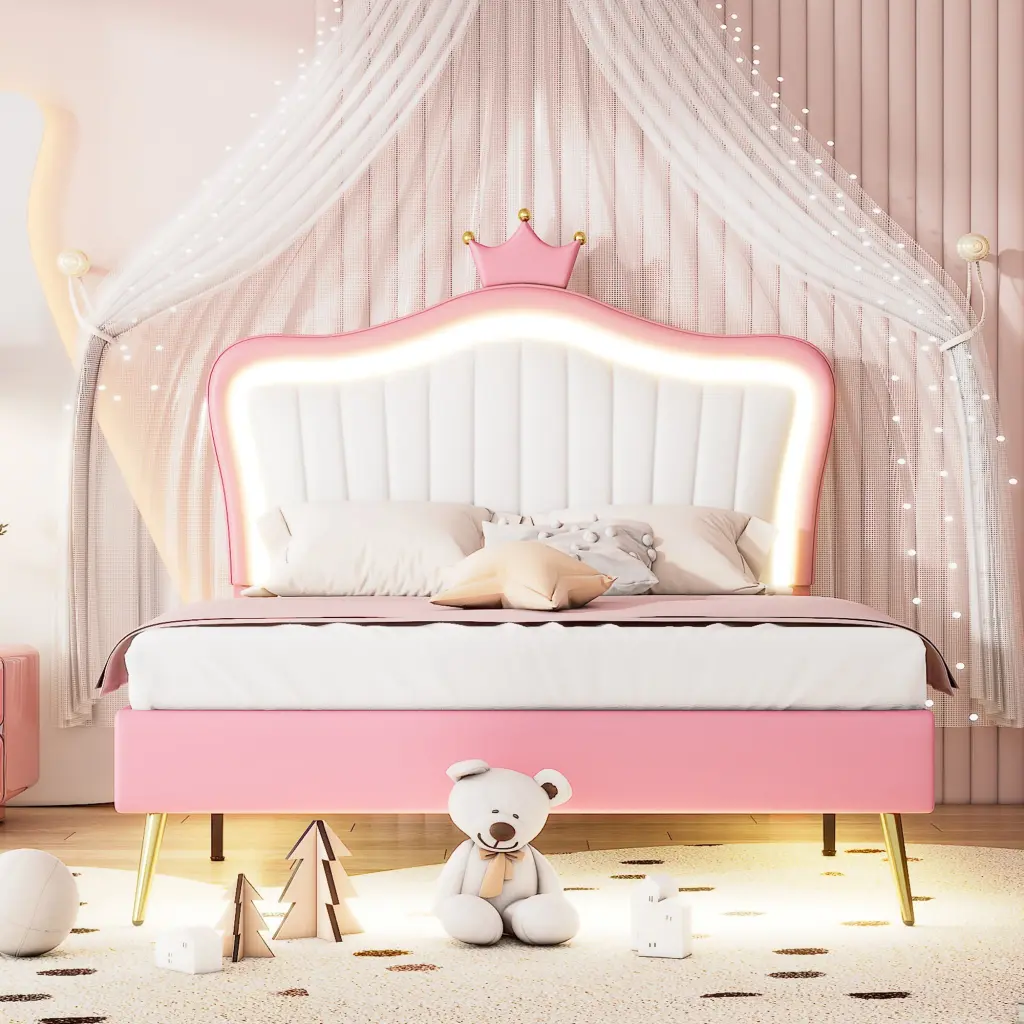 Full Size Upholstered Bed Frame LED Lights Modern Platform Bed homey life