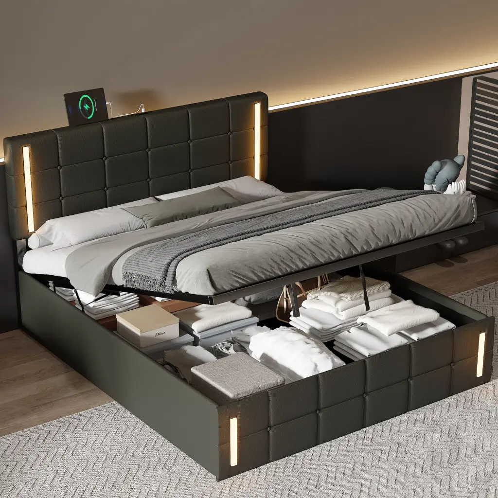 Queen Size Upholstered Bed LED Lights Hydraulic Storage System Modern Bed Frame homey life