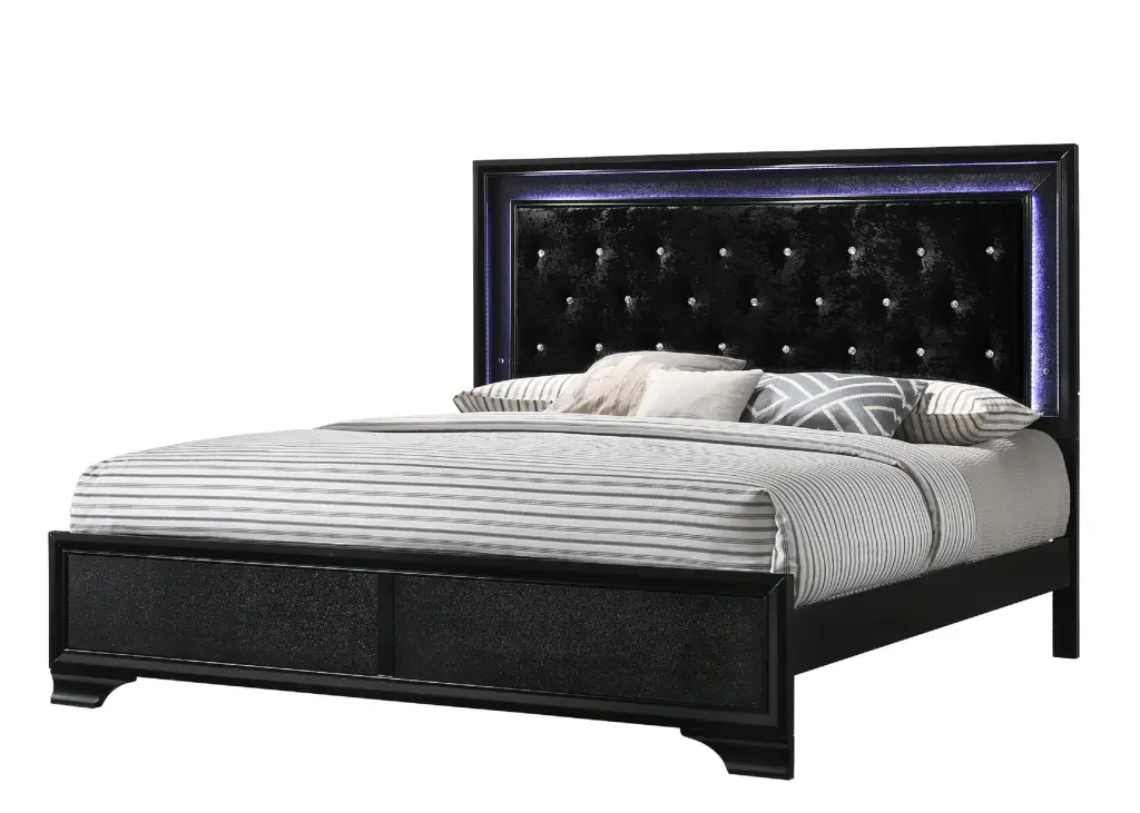 Modern Black Finish Upholstered 1 Piece King Size LED Panel Bed Faux Diamond Stitching kanepe