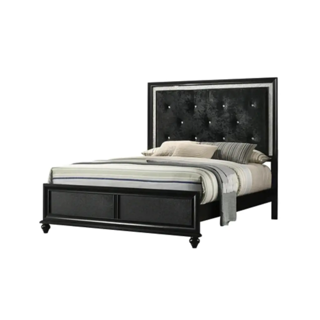 Modern Glam Style Black Finish Upholstered King Size Panel Bed Diamond Tufted kanepe