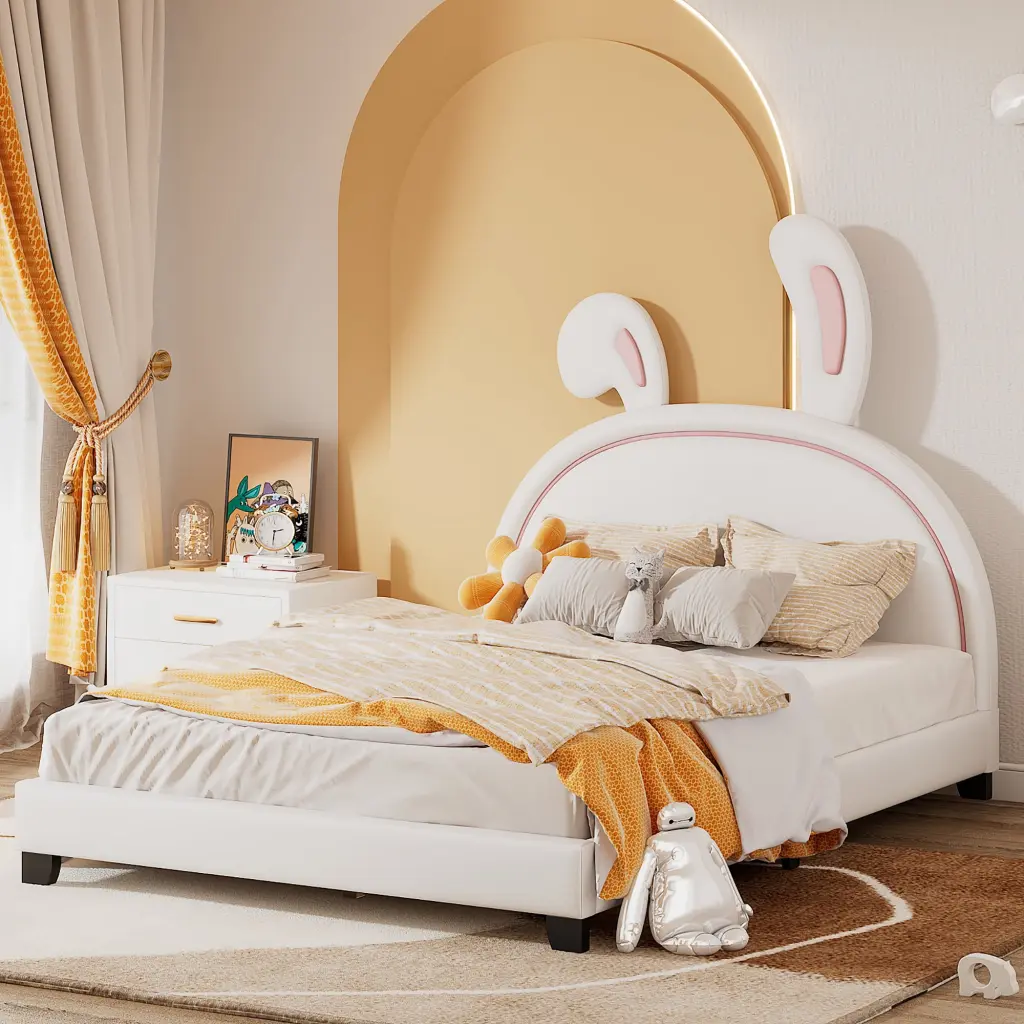 Full Size Upholstered Leather Platform Bed Rabbit Ornament White lucky furniture