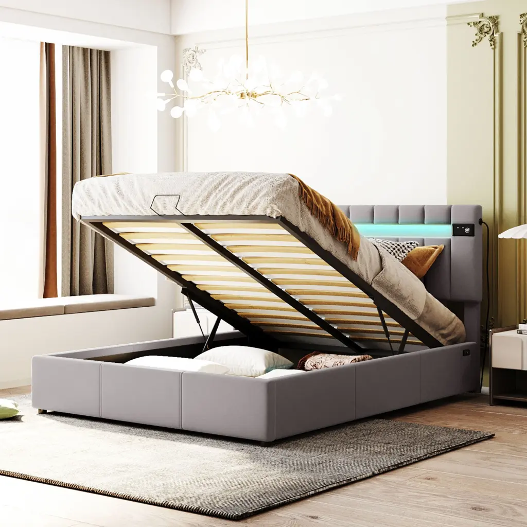 Queen Size Upholstered Bed LED Light Bluetooth Player and USB Charging lucky furniture