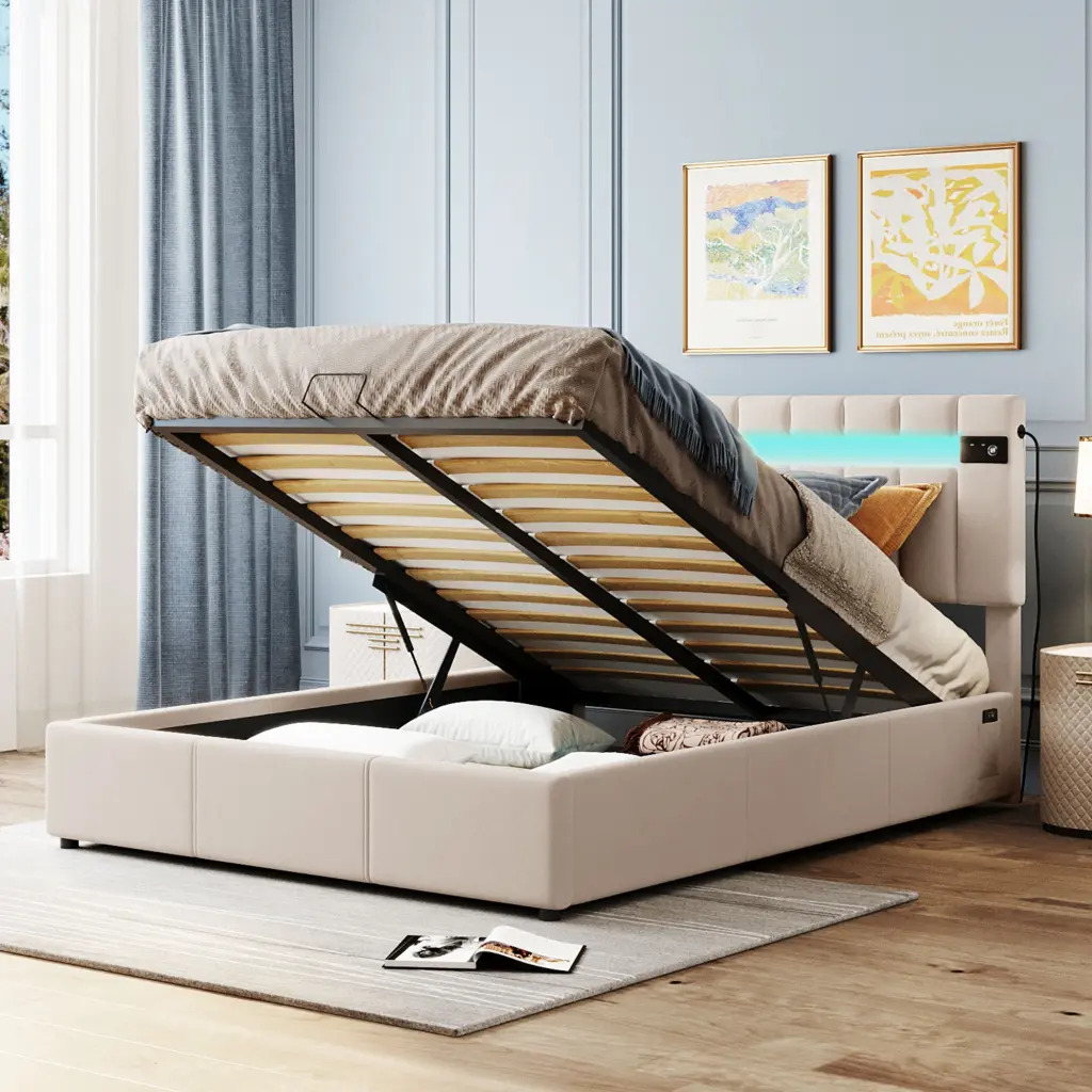 Queen Size Upholstered Bed LED Lights Bluetooth Player and USB Charging lucky furniture