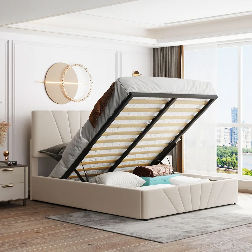 Queen Size Upholstered Platform Bed Hydraulic Storage System and Wooden Slats lucky furniture