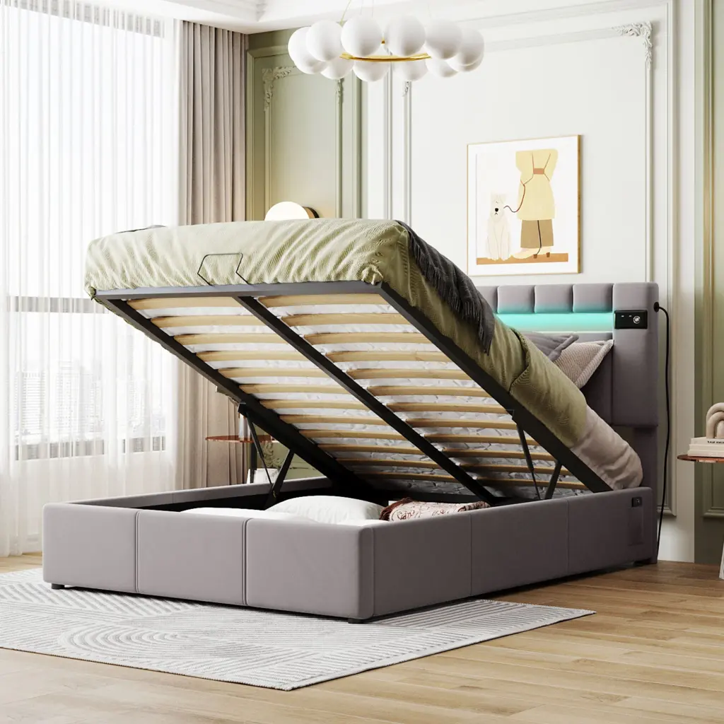 Upholstered Full Size Bed LED Lights Bluetooth Player and USB Charging Ports lucky furniture