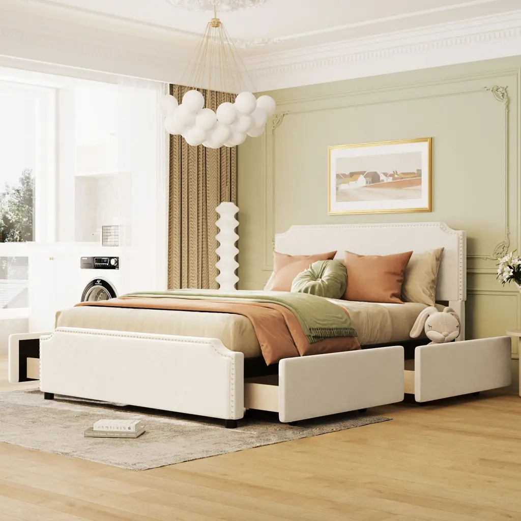 Upholstered Platform Bed Stud Trim Headboard and Footboard 4 Legs Bed Frame lucky furniture