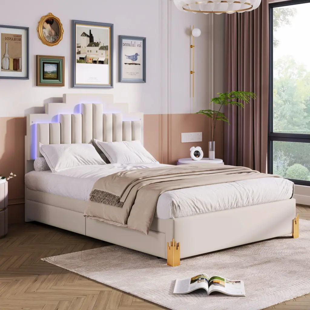 Full Size Upholstered Platform Bed LED Lights And 4 Drawers Stylish Design lucky world