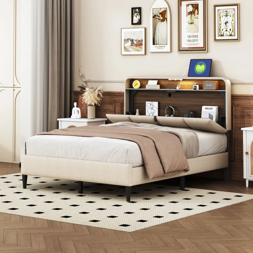 Full Size Upholstered Platform Bed Storage Headboard and Sensor Light lucky world