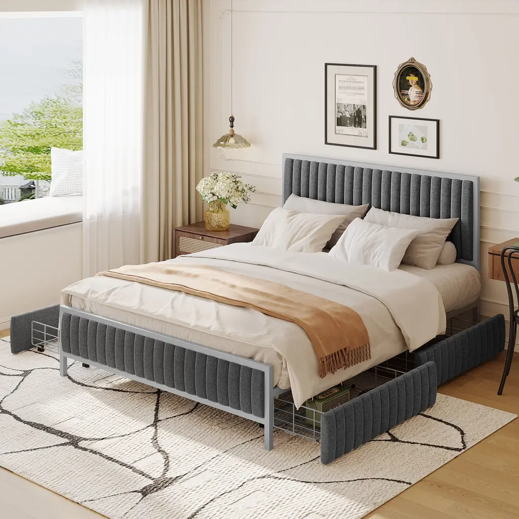 Queen Size Metal Frame Upholstered Bed 4 Drawers Linen Fabric lucky world