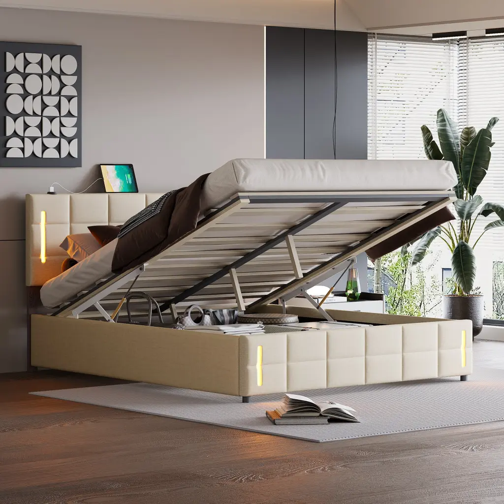 Queen Size Upholstered Bed Hydraulic Storage System and LED Lights lucky world