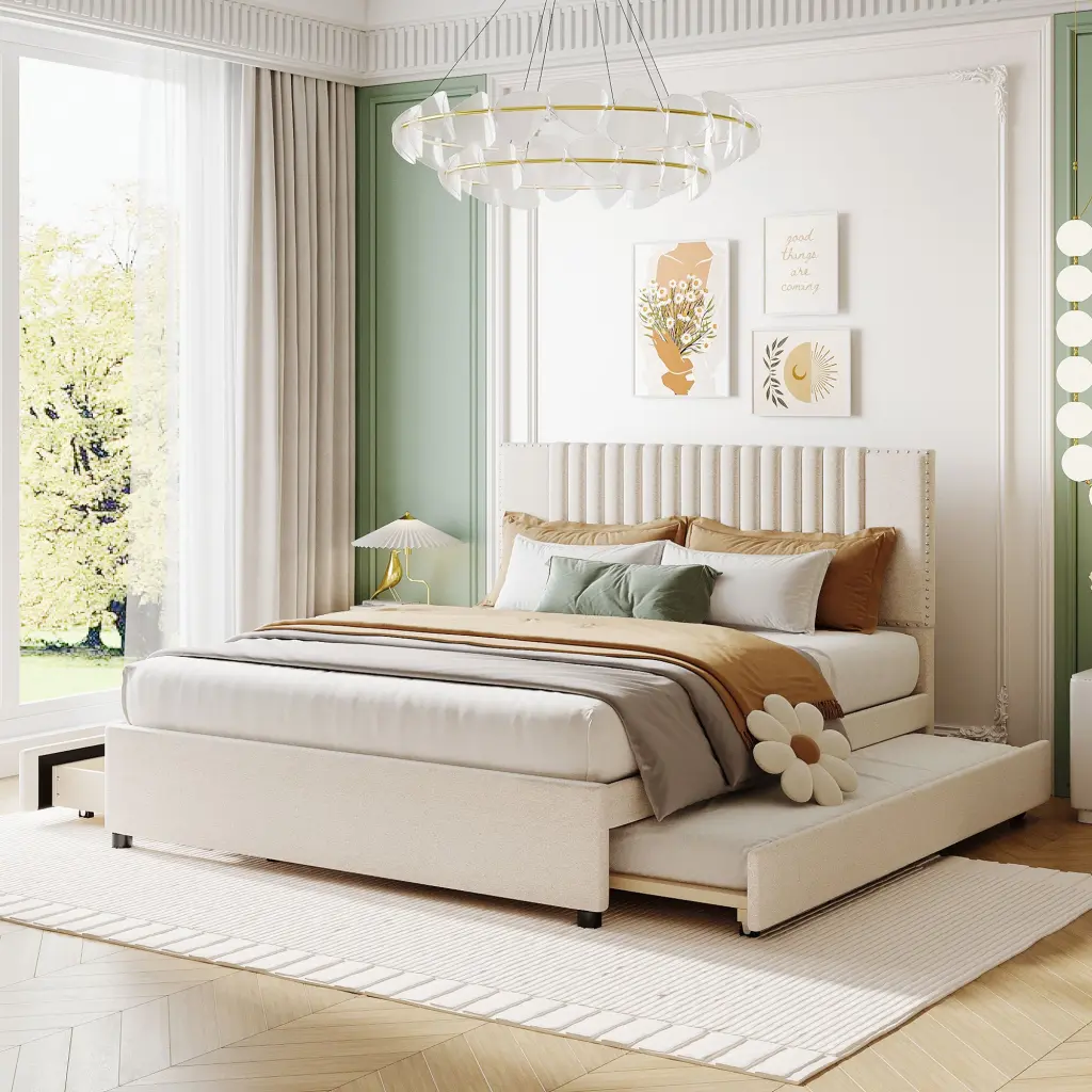 Queen Size Upholstered Platform Bed 2 Drawers and Twin XL Trundle lucky world