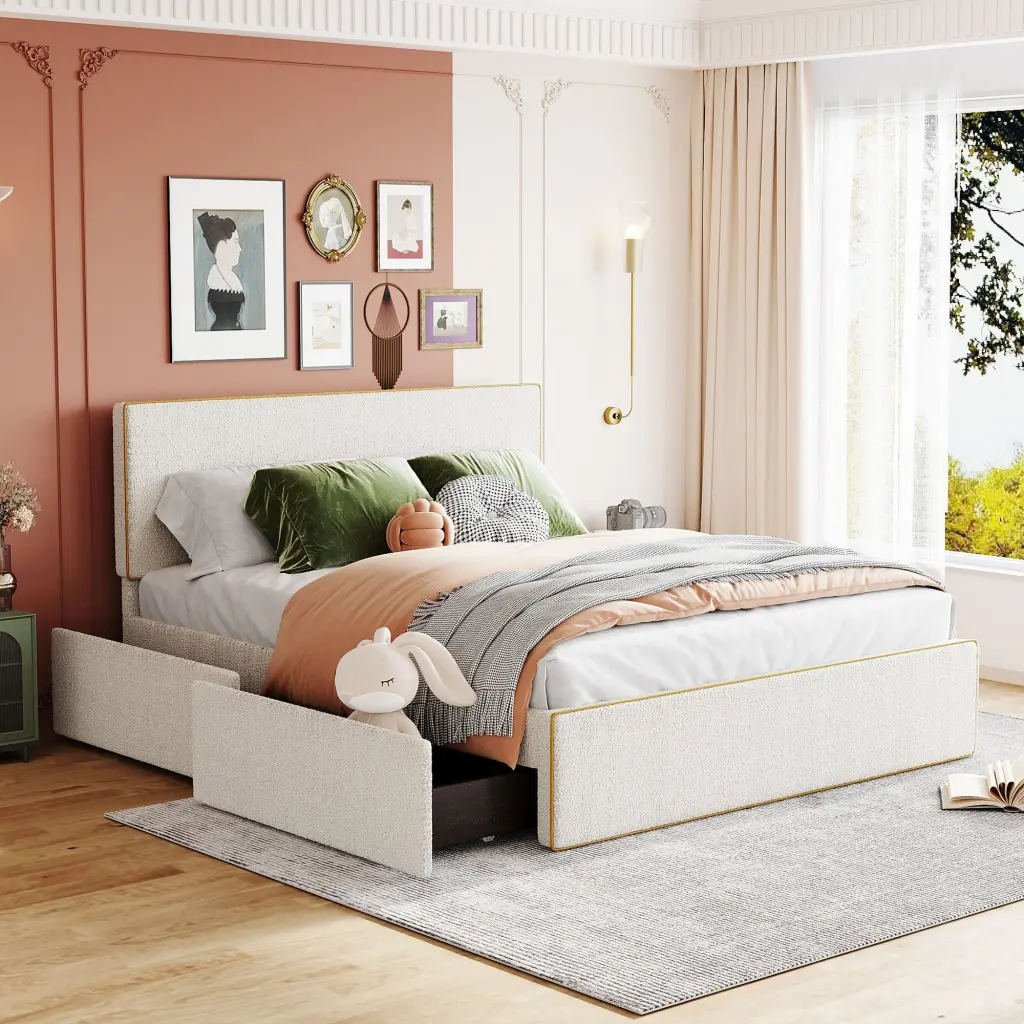 Queen Size Upholstered Platform Bed 4 Drawers And Golden Edge On lucky world