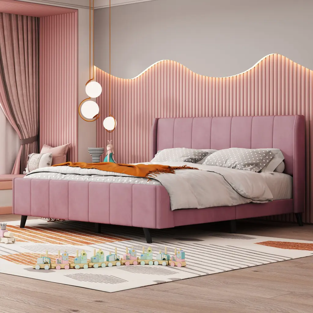 Queen Size Upholstered Platform Bed Velvet Pink Fabric Modern Bedroom lucky world
