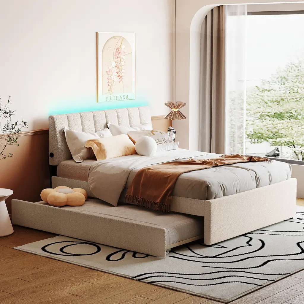 Teddy Fleece Full Size Upholstered Platform Bed Trundle Beige Fabric lucky world