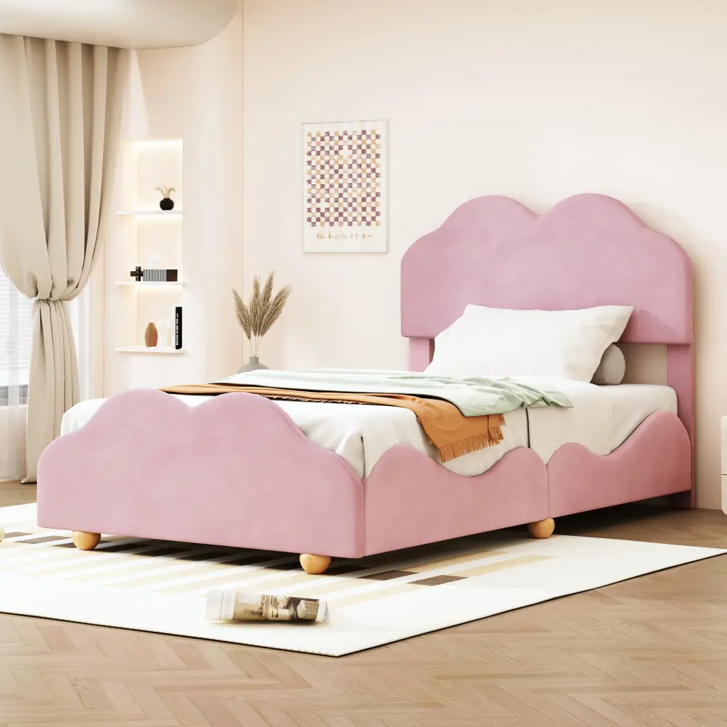 Twin Size Upholstered Platform Bed Cloud Influenced Bed Board Light Grey Modern Design lucky world