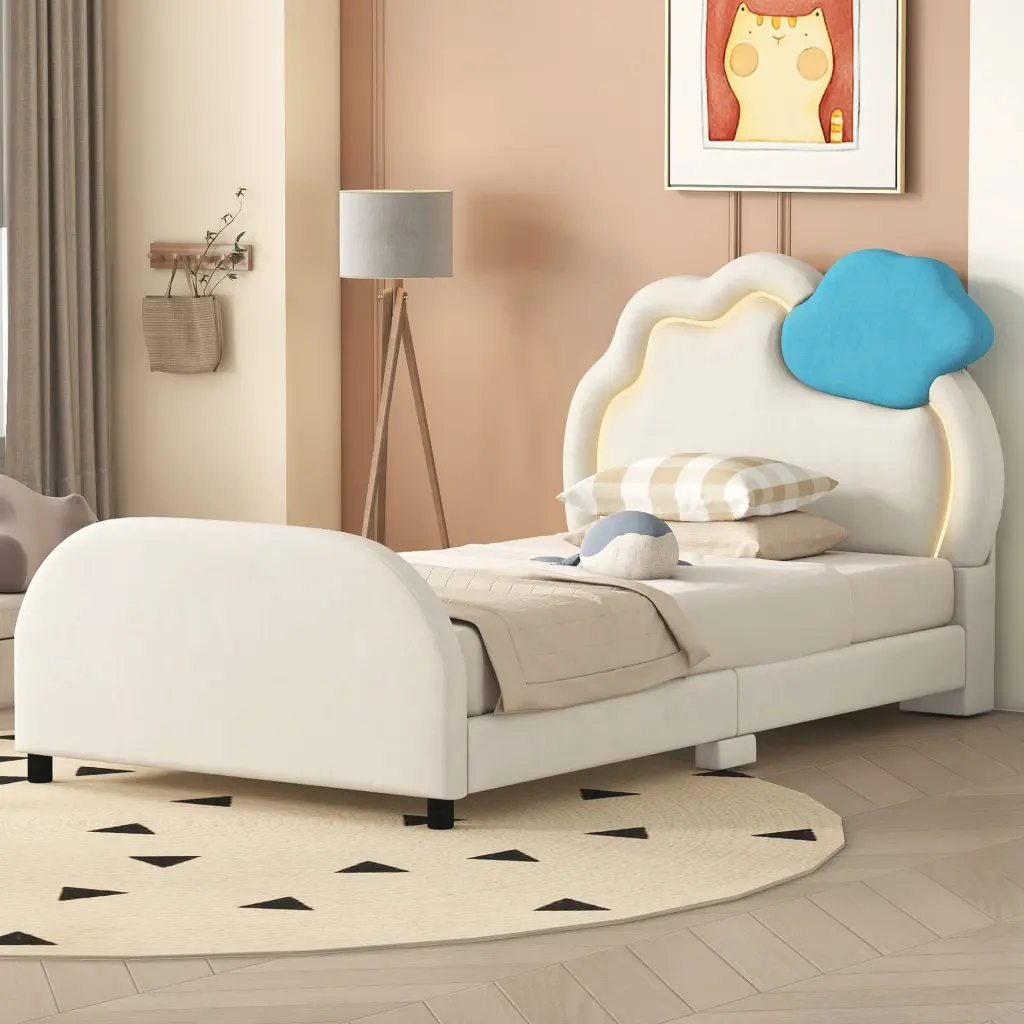 Twin Size Upholstered Platform Bed Cloud-Inspired Headboard and Embossed Design lucky world