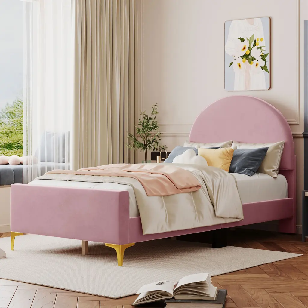 Twin Size Upholstered Platform Bed Semi-Circle Headboard lucky world