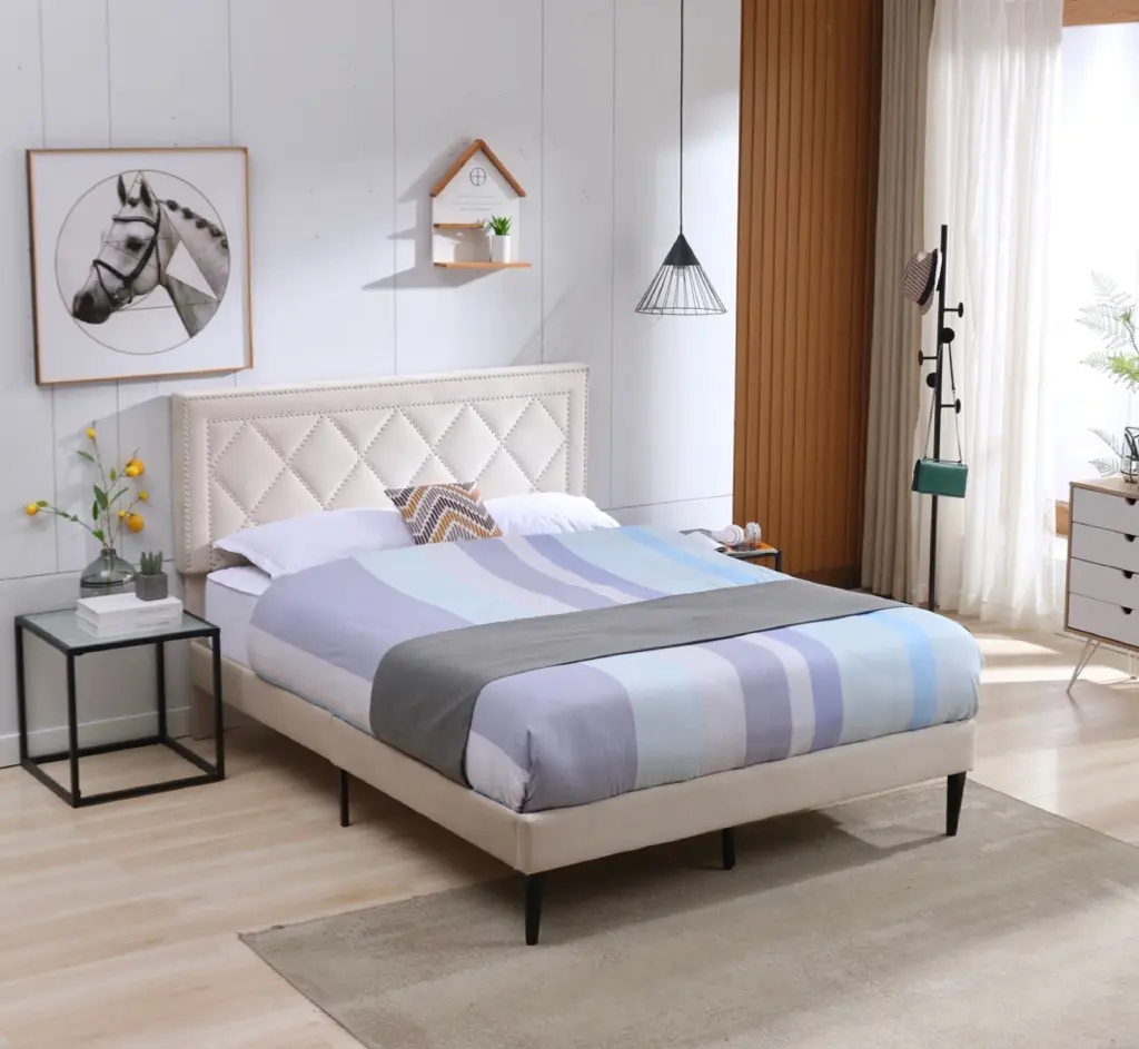 Modern Curved Upholstered Queen Bed Cream Plywood Fabric o-life furniture