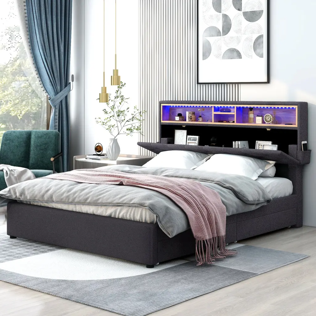 Queen Size Upholstered Platform Bed Storage Headboard, LED Lights and USB Charging wm store
