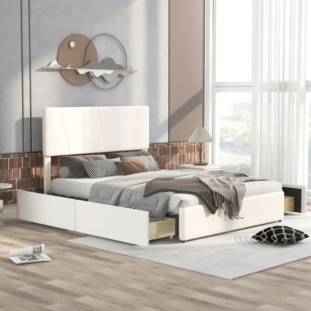 Queen Size Upholstery Platform Bed Four Drawers On Two Sides Adjustable wm store