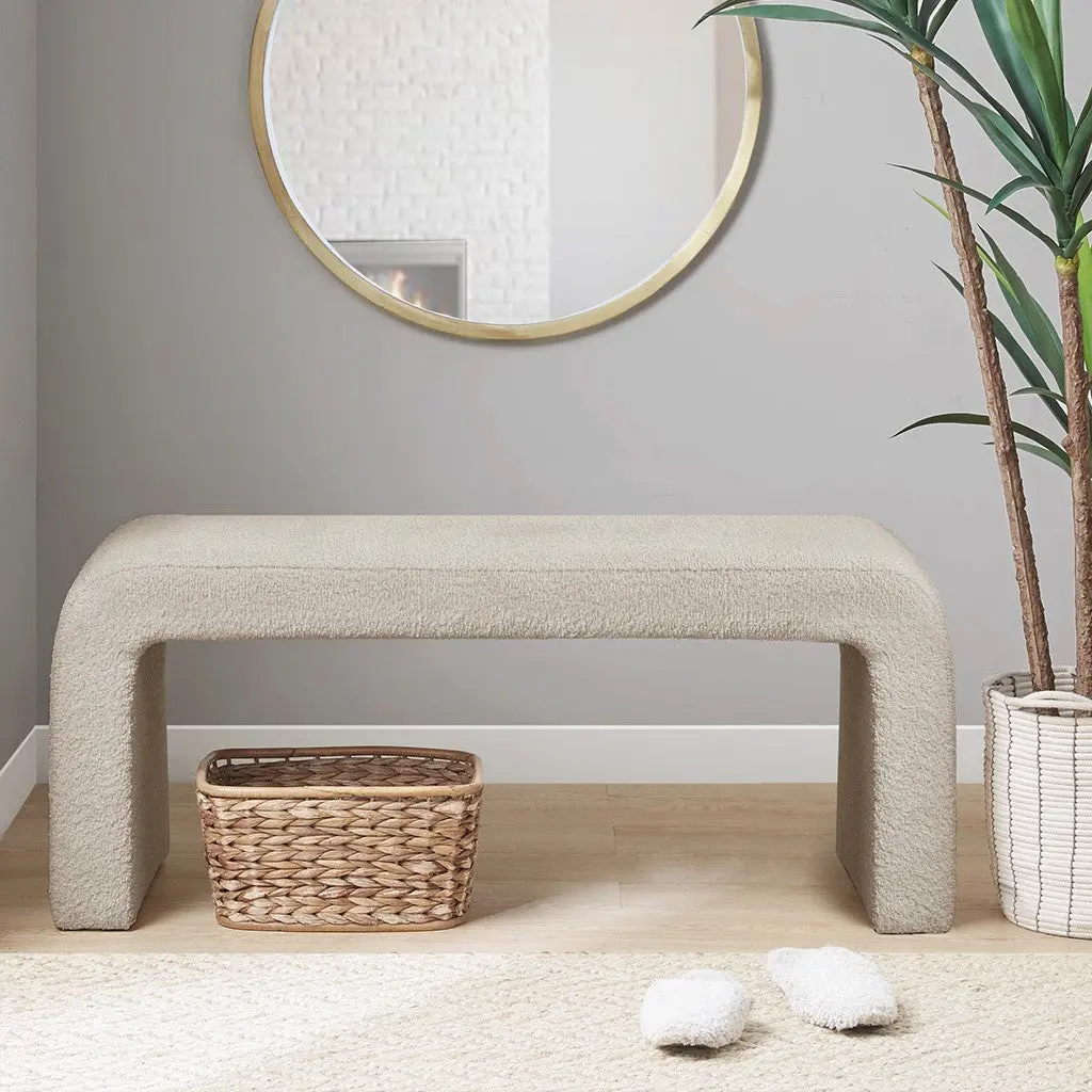 Boucle Waterfall Bench Beige Wood Fabric Living Room jla