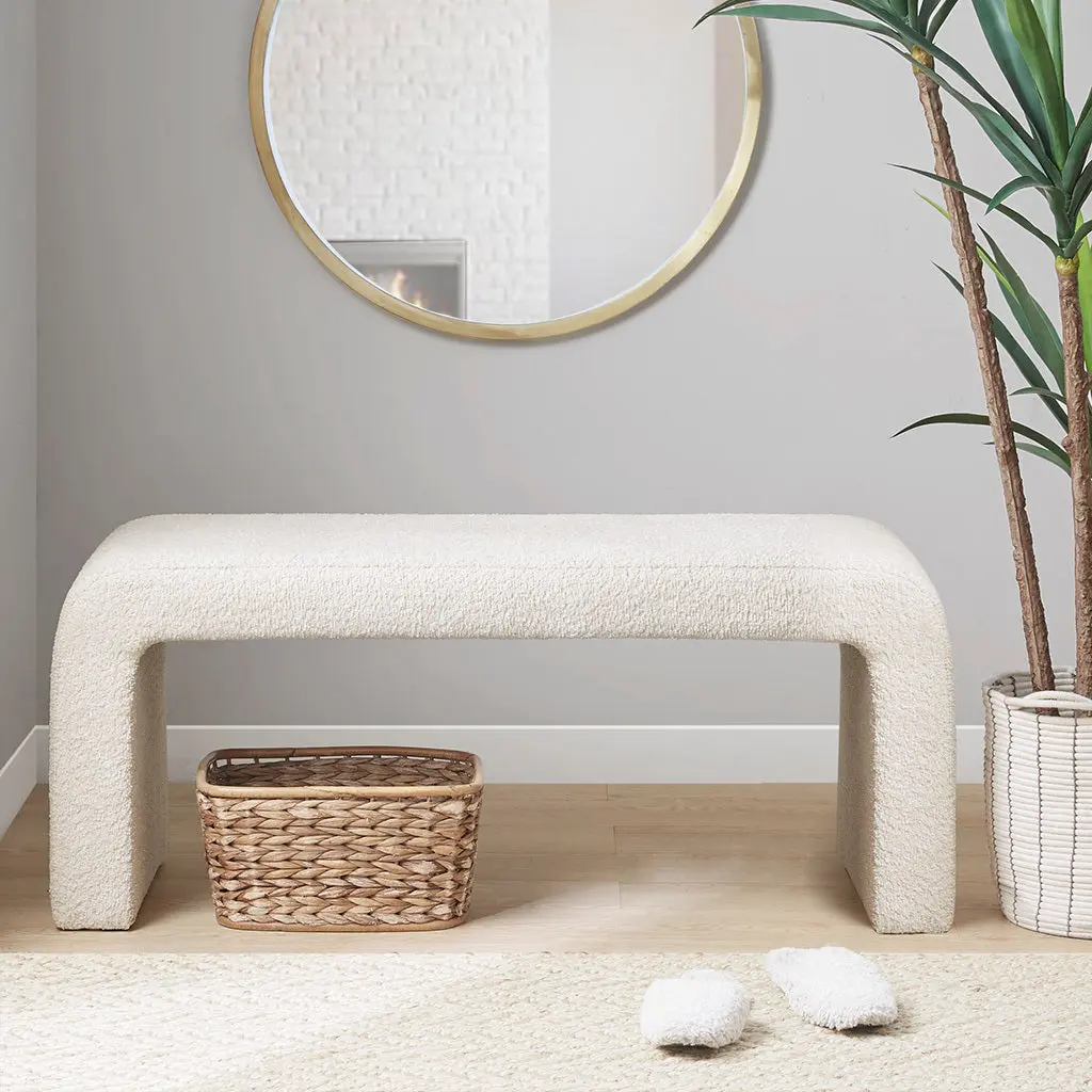 Boucle Waterfall Bench Cream Polyester Modern Upholstered Bench Living Room jla