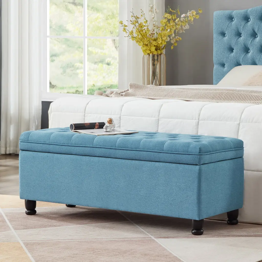 Upholstered Tufted Button Storage Bench, Linen Fabric Entry Bench wm home furniture
