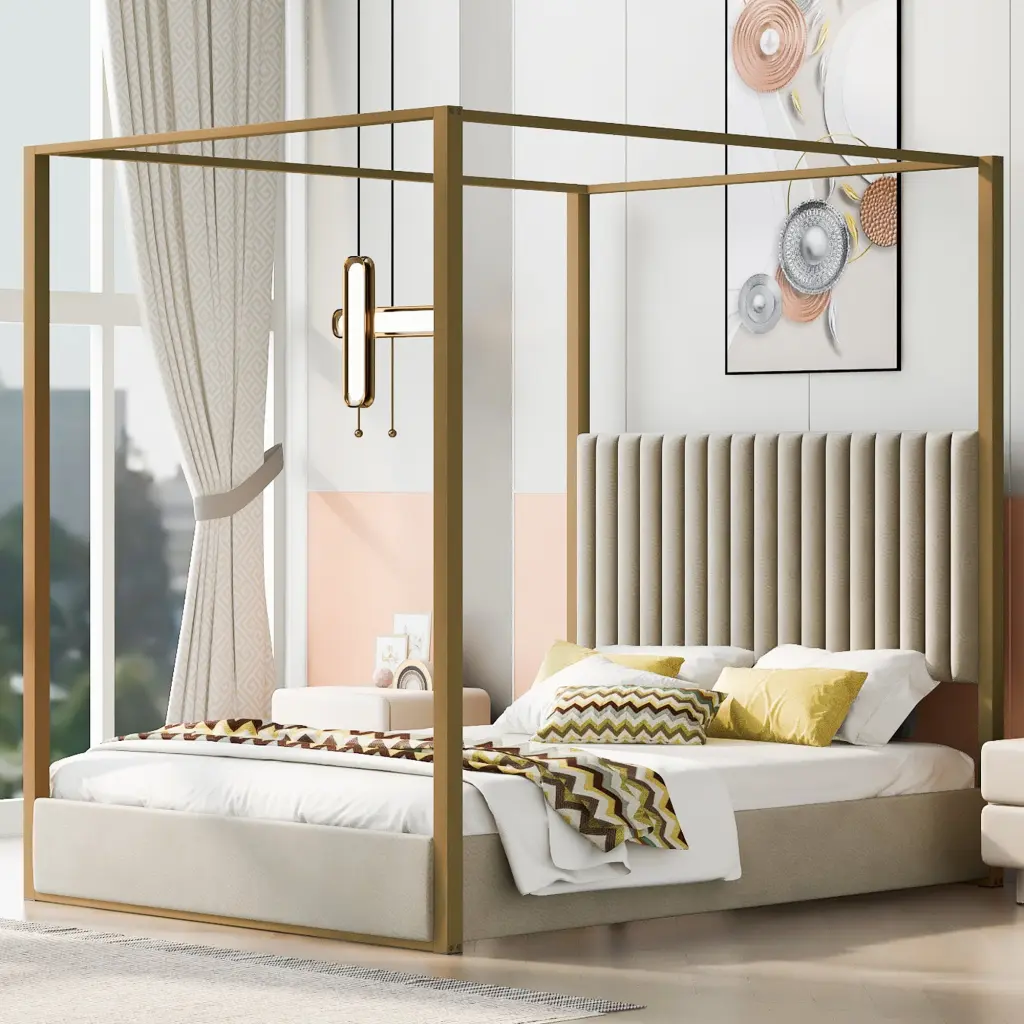 Queen Size Upholstery Canopy Platform Bed Headboard And Metal Frame wm store