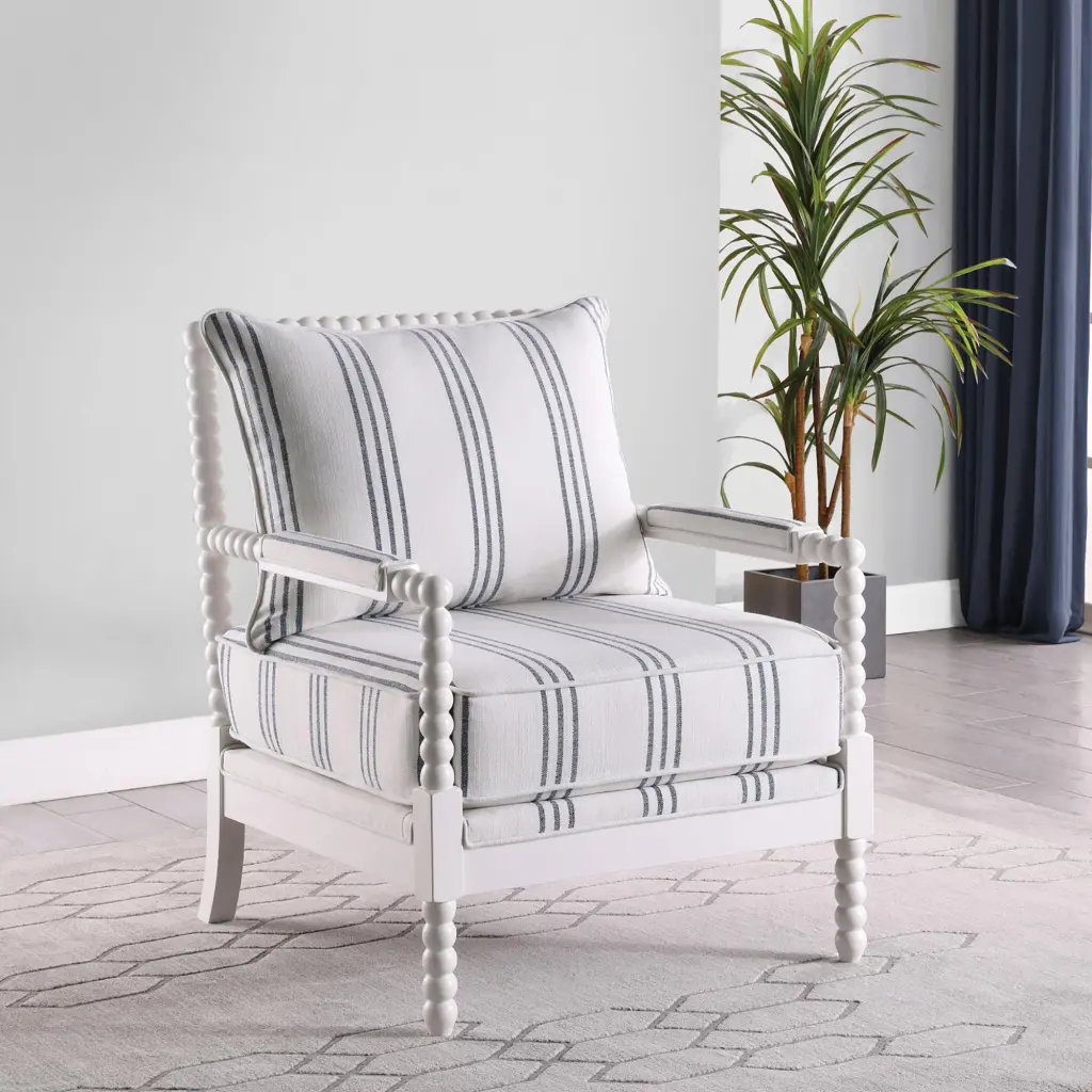 White and Navy Upholstered Stripe Accent Chair Living Room furniture max